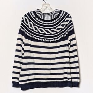 TALBOTS‎ Mock Neck Fair Isle Nautical Navy and White Striped Knit Sweater L
